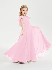Delicate Chiffon Junior Bridesmaid Gown Flutter Sleeves V-neck Candy Pink