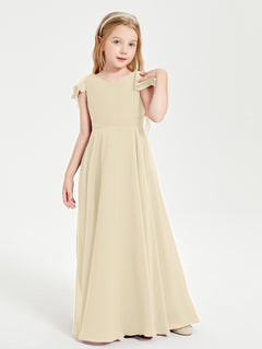 Delicate Chiffon Junior Bridesmaid Gown Flutter Sleeves V-neck Champagne