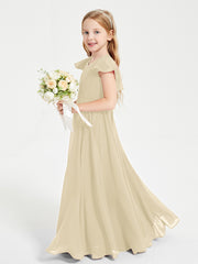 Delicate Chiffon Junior Bridesmaid Gown Flutter Sleeves V-neck Champagne