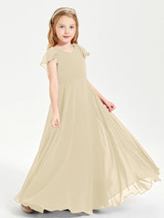 Delicate Chiffon Junior Bridesmaid Gown Flutter Sleeves V-neck Champagne