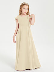 Delicate Chiffon Junior Bridesmaid Gown Flutter Sleeves V-neck Champagne