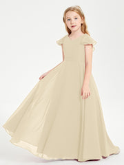 Delicate Chiffon Junior Bridesmaid Gown Flutter Sleeves V-neck Champagne