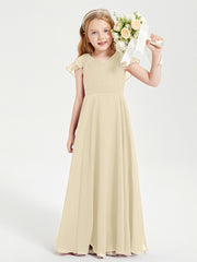 Delicate Chiffon Junior Bridesmaid Gown Flutter Sleeves V-neck Champagne