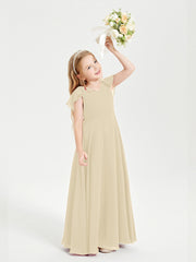 Delicate Chiffon Junior Bridesmaid Gown Flutter Sleeves V-neck Champagne