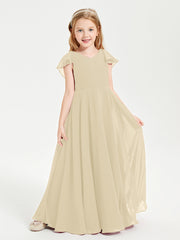 Delicate Chiffon Junior Bridesmaid Gown Flutter Sleeves V-neck Champagne