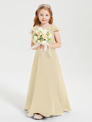 Delicate Chiffon Junior Bridesmaid Gown Flutter Sleeves V-neck Champagne