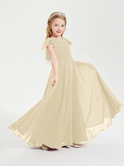 Delicate Chiffon Junior Bridesmaid Gown Flutter Sleeves V-neck Champagne