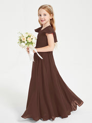 Delicate Chiffon Junior Bridesmaid Gown Flutter Sleeves V-neck Chocolate
