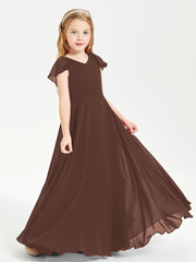 Delicate Chiffon Junior Bridesmaid Gown Flutter Sleeves V-neck Chocolate