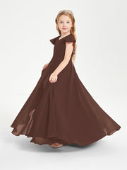 Delicate Chiffon Junior Bridesmaid Gown Flutter Sleeves V-neck Chocolate