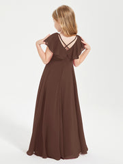 Delicate Chiffon Junior Bridesmaid Gown Flutter Sleeves V-neck Chocolate