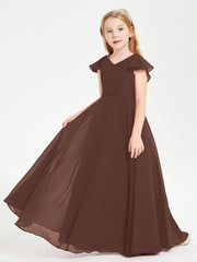 Delicate Chiffon Junior Bridesmaid Gown Flutter Sleeves V-neck Chocolate