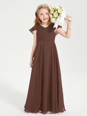 Delicate Chiffon Junior Bridesmaid Gown Flutter Sleeves V-neck Chocolate