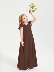 Delicate Chiffon Junior Bridesmaid Gown Flutter Sleeves V-neck Chocolate