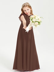 Delicate Chiffon Junior Bridesmaid Gown Flutter Sleeves V-neck Chocolate