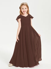 Delicate Chiffon Junior Bridesmaid Gown Flutter Sleeves V-neck Chocolate