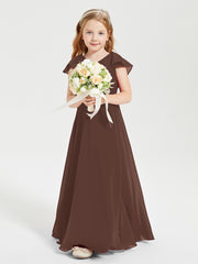 Delicate Chiffon Junior Bridesmaid Gown Flutter Sleeves V-neck Chocolate