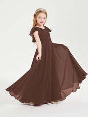 Delicate Chiffon Junior Bridesmaid Gown Flutter Sleeves V-neck Chocolate