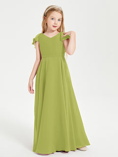 Delicate Chiffon Junior Bridesmaid Gown Flutter Sleeves V-neck Clover