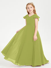 Delicate Chiffon Junior Bridesmaid Gown Flutter Sleeves V-neck Clover