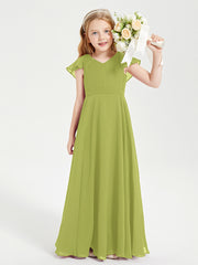 Delicate Chiffon Junior Bridesmaid Gown Flutter Sleeves V-neck Clover