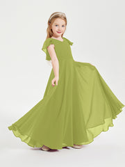 Delicate Chiffon Junior Bridesmaid Gown Flutter Sleeves V-neck Clover