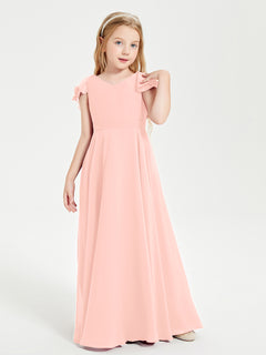 Delicate Chiffon Junior Bridesmaid Gown Flutter Sleeves V-neck Coral