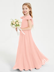 Delicate Chiffon Junior Bridesmaid Gown Flutter Sleeves V-neck Coral
