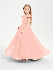 Delicate Chiffon Junior Bridesmaid Gown Flutter Sleeves V-neck Coral