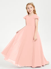 Delicate Chiffon Junior Bridesmaid Gown Flutter Sleeves V-neck Coral