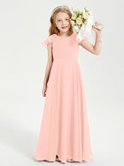 Delicate Chiffon Junior Bridesmaid Gown Flutter Sleeves V-neck Coral