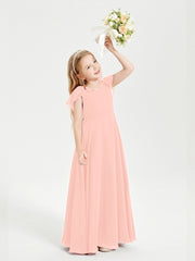 Delicate Chiffon Junior Bridesmaid Gown Flutter Sleeves V-neck Coral