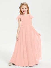 Delicate Chiffon Junior Bridesmaid Gown Flutter Sleeves V-neck Coral