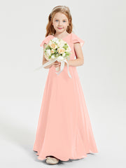 Delicate Chiffon Junior Bridesmaid Gown Flutter Sleeves V-neck Coral