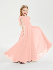 Delicate Chiffon Junior Bridesmaid Gown Flutter Sleeves V-neck Coral