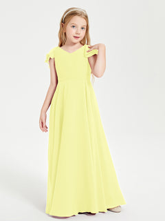 Delicate Chiffon Junior Bridesmaid Gown Flutter Sleeves V-neck Daffodil