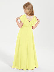 Delicate Chiffon Junior Bridesmaid Gown Flutter Sleeves V-neck Daffodil