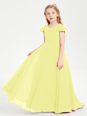 Delicate Chiffon Junior Bridesmaid Gown Flutter Sleeves V-neck Daffodil