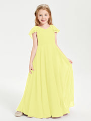 Delicate Chiffon Junior Bridesmaid Gown Flutter Sleeves V-neck Daffodil