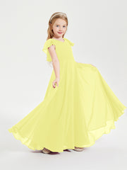 Delicate Chiffon Junior Bridesmaid Gown Flutter Sleeves V-neck Daffodil