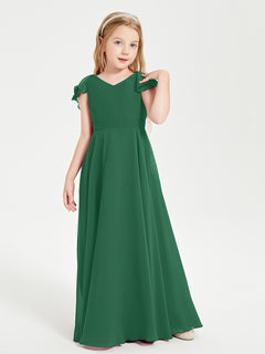 Delicate Chiffon Junior Bridesmaid Gown Flutter Sleeves V-neck Dark Green