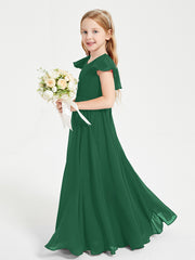 Delicate Chiffon Junior Bridesmaid Gown Flutter Sleeves V-neck Dark Green