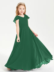 Delicate Chiffon Junior Bridesmaid Gown Flutter Sleeves V-neck Dark Green