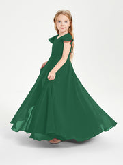 Delicate Chiffon Junior Bridesmaid Gown Flutter Sleeves V-neck Dark Green