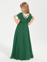 Delicate Chiffon Junior Bridesmaid Gown Flutter Sleeves V-neck Dark Green