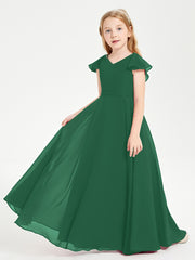 Delicate Chiffon Junior Bridesmaid Gown Flutter Sleeves V-neck Dark Green