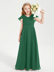 Delicate Chiffon Junior Bridesmaid Gown Flutter Sleeves V-neck Dark Green