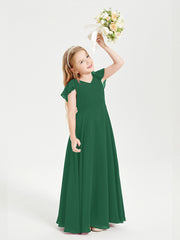 Delicate Chiffon Junior Bridesmaid Gown Flutter Sleeves V-neck Dark Green