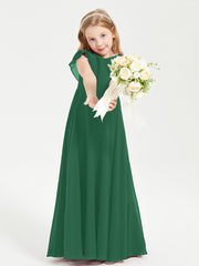 Delicate Chiffon Junior Bridesmaid Gown Flutter Sleeves V-neck Dark Green