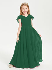 Delicate Chiffon Junior Bridesmaid Gown Flutter Sleeves V-neck Dark Green